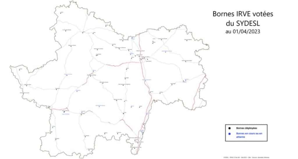 Carte bornes IRVE votées du SYDESL au 01/04/2023